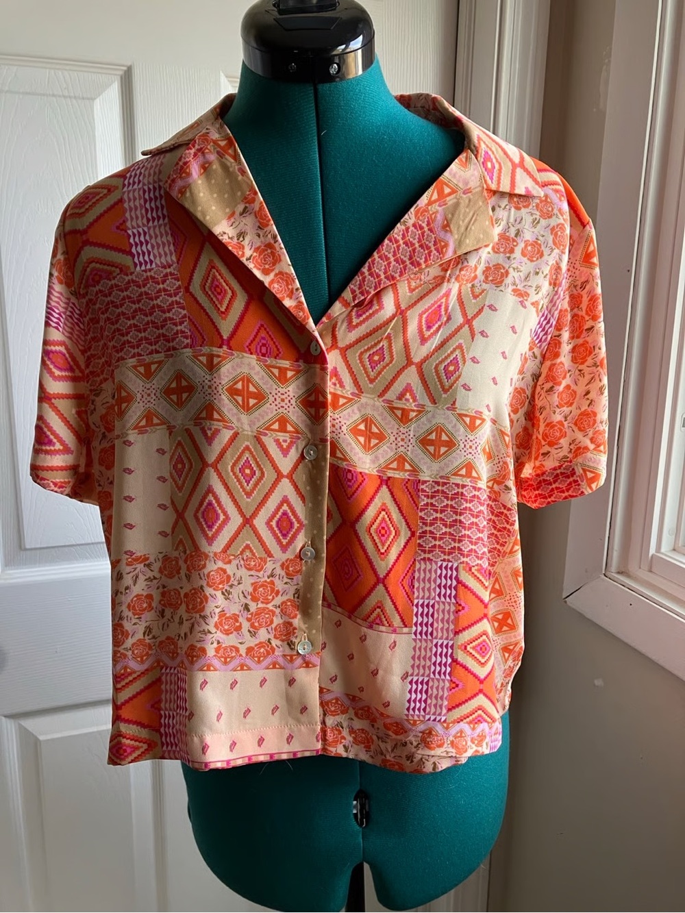 Rose & Olive Pink and Orange Patchwork Short-Sleeve Button Front Top
